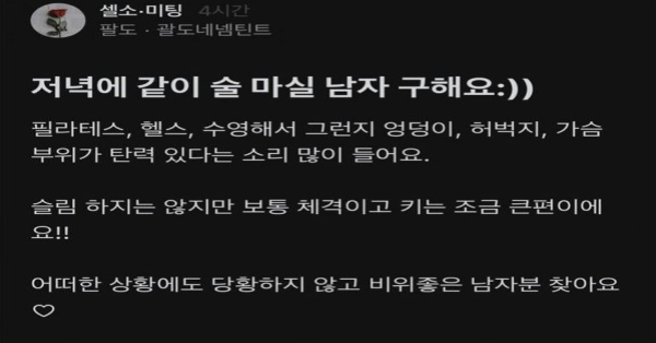 저녁에 같이 술 마실 남자 구해요   댓글